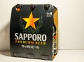 Six pack of Sapporo premium export Beer isolated on white background. The Japanese brewery was founded in 1876 by German.